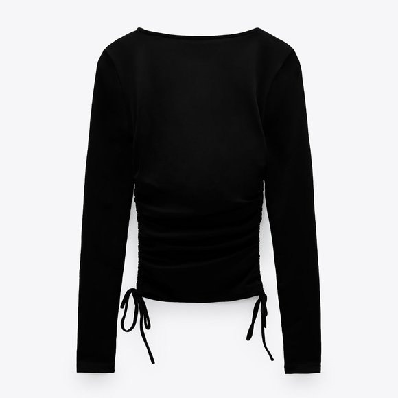 Zara Black Square Neck Ruched Gathered Sides Long Sleeve Crop Top SZ S N… - Picture 4 of 11